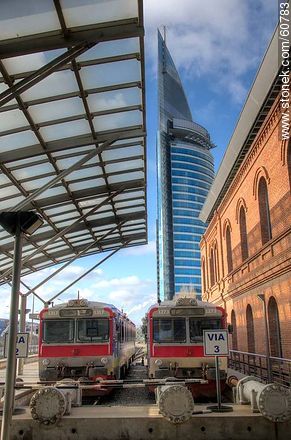 Platform of the Central Station with Swedish trains and Antel tower at background - Department of Montevideo - URUGUAY. Foto No. 60783