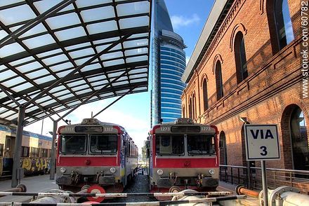 Platform of the Central Station with Swedish trains and Antel tower at background - Department of Montevideo - URUGUAY. Photo #60782