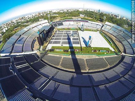 Vista aérea del Estadio Centenario. Preparativos para el recital de Paul McCartney el 19 de abril de 2014 - Departamento de Montevideo - URUGUAY. Foto No. 63698