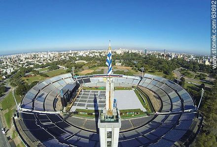 Vista aérea del Estadio Centenario. Preparativos para el recital de Paul McCartney el 19 de abril de 2014 - Departamento de Montevideo - URUGUAY. Foto No. 63692