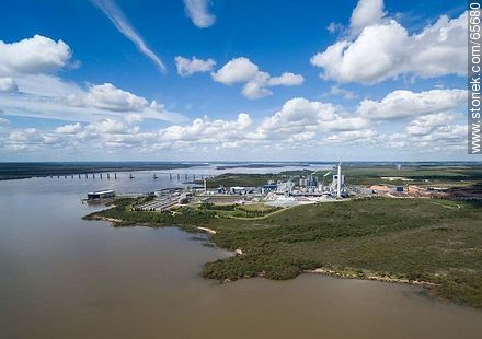 Vista aérea de la planta de procesamiento de pasta de celulosa de UPM. Puente San Martín - Departamento de Río Negro - URUGUAY. Foto No. 65680