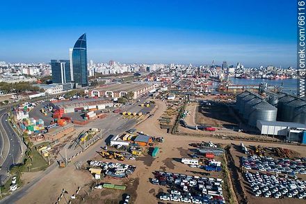 Aerial photo of the port. Silos and imported vehicles - Department of Montevideo - URUGUAY. Foto No. 66116