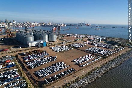 Aerial photo of the port. Silos and imported vehicles - Department of Montevideo - URUGUAY. Foto No. 66115