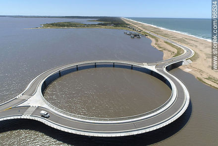 Aerial view of the circular bridge over Laguna Garzón - Department of Rocha - URUGUAY. Photo #66534