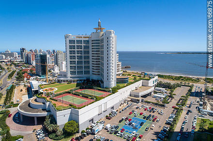 Rear aerial view of Enjoy Hotel (ex Conrad) - Punta del Este and its near resorts - URUGUAY. Photo #66875