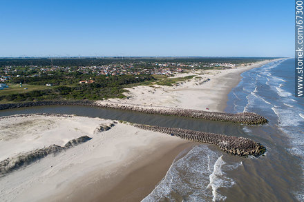 Aerial view of the Chuy stream at its mouth in the Atlantic Ocean. Border with Brazil - Department of Rocha - URUGUAY. Photo #67300