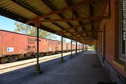 Estación de trenes. Línea de vagones de carga frente al andén - Departamento de Florida - URUGUAY. Foto No. 69992