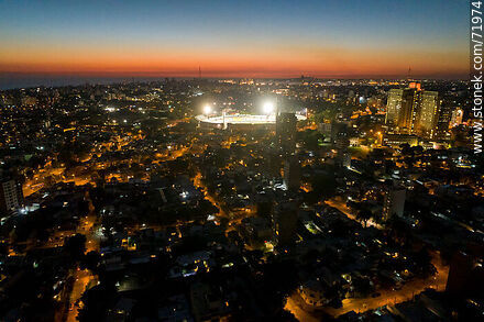 Aerial view of the neighborhood. Illuminated Centenario Stadium, Hospital de Clínicas - Department of Montevideo - URUGUAY. Photo #71974