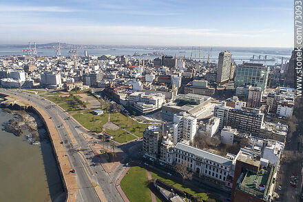 Aerial view of Plaza España, CAF, Aebu and Hebraica y Macabi clubs. Executive Tower, Radisson Victoria Plaza, Palacio Salvo - Department of Montevideo - URUGUAY. Photo #73093