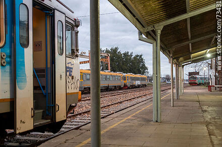 Four motor coaches at AFE's Tacuarembó station - Tacuarembo - URUGUAY. Photo #73431
