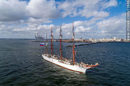 Aerial view of the Russian Navy training ship Sedov leaving the port of Montevideo (2020). - Department of Montevideo - URUGUAY. Photo #73686