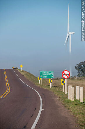 Wind turbines emerging from the morning fog near the Pampa station on Route 5. - Tacuarembo - URUGUAY. Photo #74097