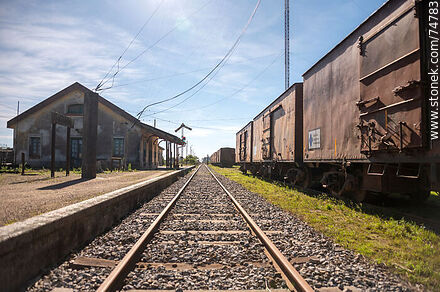 Estación de ferrocarril de Vergara. Andén y vagones de carga - Departamento de Treinta y Tres - URUGUAY. Foto No. 74783