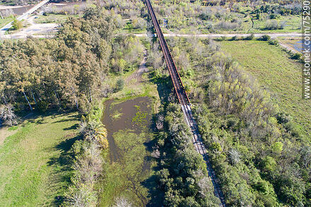 Vista aérea del puente ferroviario sobre el río Santa Lucía, límite departamental entre Canelones (San Ramón) y Florida - Departamento de Canelones - URUGUAY. Foto No. 75290
