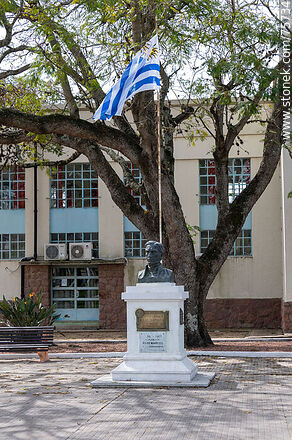 Plaza Artigas. Busto a Artigas. Bandera uruguaya. Al fondo la escuela No. 45 Cyro Giambruno - Departamento de Florida - URUGUAY. Foto No. 75734