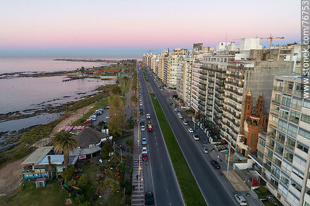 Aerial view of Rambla Gandhi in Punta Carretas at dawn before sunrise - Department of Montevideo - URUGUAY. Photo #76753