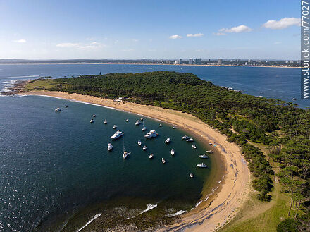 Vista aérea de la bahía al oeste con su playa y embarcaciones - Punta del Este y balnearios cercanos - URUGUAY. Foto No. 77027