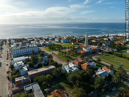Aerial view of the plaza in front of the lighthouse and La Candelaria church at sunrise - Punta del Este and its near resorts - URUGUAY. Photo #77214