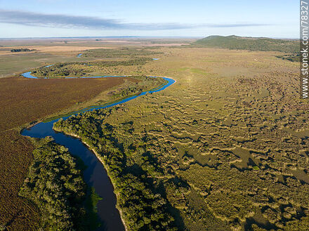 Vista aérea del arroyo San Miguel y campos cultivados - Departamento de Rocha - URUGUAY. Foto No. 78327