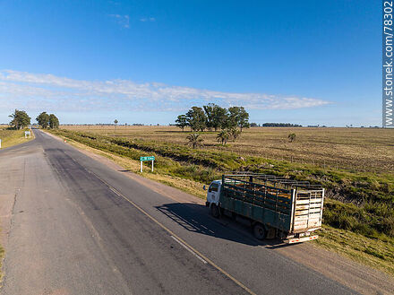 Vista aérea de un camión con ganado estacionado en la banquina. Rutas 15 y 19 - Departamento de Rocha - URUGUAY. Foto No. 78302