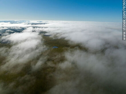 Vista aérea de bruma en forma de nubes muy bajas sobre el campo y la ruta 8 -  - URUGUAY. Foto No. 78360