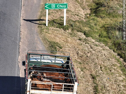 Vista aérea de un camión con ganado en la ruta 15 - Departamento de Rocha - URUGUAY. Foto No. 78404