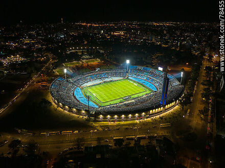 Vista aérea del Estadio Centenario iluminado en la noche - Departamento de Montevideo - URUGUAY. Foto No. 78455