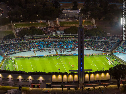 Vista aérea del Estadio Centenario iluminado al anochecer - Departamento de Montevideo - URUGUAY. Foto No. 78447