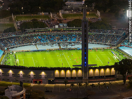 Vista aérea del Estadio Centenario iluminado al anochecer - Departamento de Montevideo - URUGUAY. Foto No. 78446