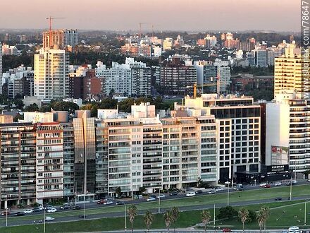 Aerial view of the Pocitos promenade and beach with the last rays of sunlight over the buildings - Department of Montevideo - URUGUAY. Photo #78647