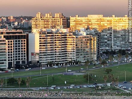 Vista aérea de la rambla y playa de Pocitos con los últimos rayos de sol sobre los edificios - Departamento de Montevideo - URUGUAY. Foto No. 78644