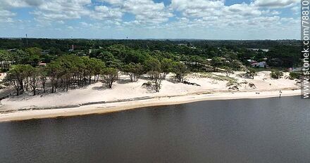 Foto aérea de la costa arenosa con pinos del arroyo Solís Chico - Departamento de Canelones - URUGUAY. Foto No. 78810