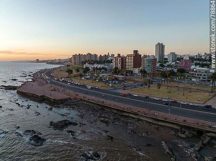 Aerial photo of the southern promenade from the sea at sunset - Department of Montevideo - URUGUAY. Photo #78864