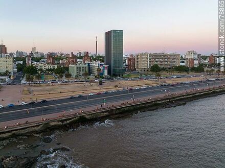 Aerial photo of the southern promenade from the sea at sunset - Department of Montevideo - URUGUAY. Photo #78865