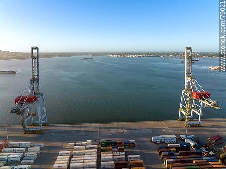 Aerial view of Cuenca del Plata Terminal dock, containers and two of its cranes - Department of Montevideo - URUGUAY. Photo #79021