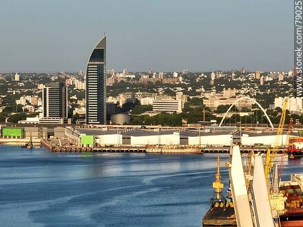Vista aérea del nuevo muelle para UPM, el viaducto de la rambla Sudamérica, torre Antel, Aguada Park, Palacio Legislativo y anexo (2022) - Departamento de Montevideo - URUGUAY. Foto No. 79025