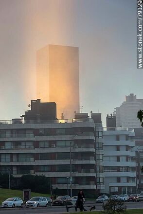 A torre 4 del World Trade Center Montevideo extrañamente iluminada con una masa de bruma vertical - Departamento de Montevideo - URUGUAY. Foto No. 79129