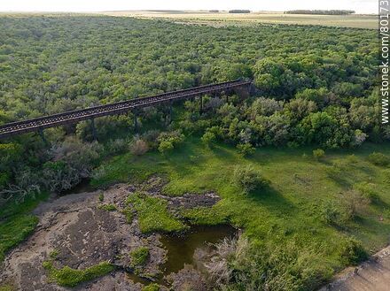 Vista aérea del puente ferroviario y camino vecinal sobre el arroyo Cuaró Grande - Departamento de Artigas - URUGUAY. Foto No. 80173