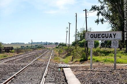 Queguay train station. Station sign - Department of Paysandú - URUGUAY. Photo #80638