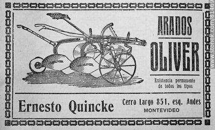 Aviso antiguo de arados Oliver de Ernesto Quincke, 1924 - Departamento de Montevideo - URUGUAY. Foto No. 81469