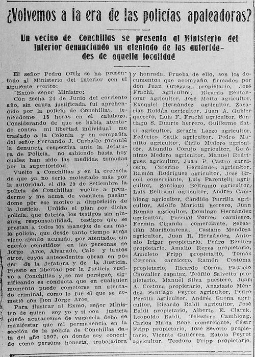 Newspaper article against the Conchillas police, 1924. - Department of Montevideo - URUGUAY. Photo #81461