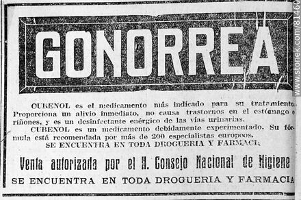 Old notice of Cubenol to cure Gonorrhea, 1924. - Department of Montevideo - URUGUAY. Photo #81460