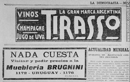 Avisos antiguos de Vinos, Champagne y jugos de uva Tirasso, mueblería Brugnini, 1924 - Departamento de Montevideo - URUGUAY. Foto No. 81458