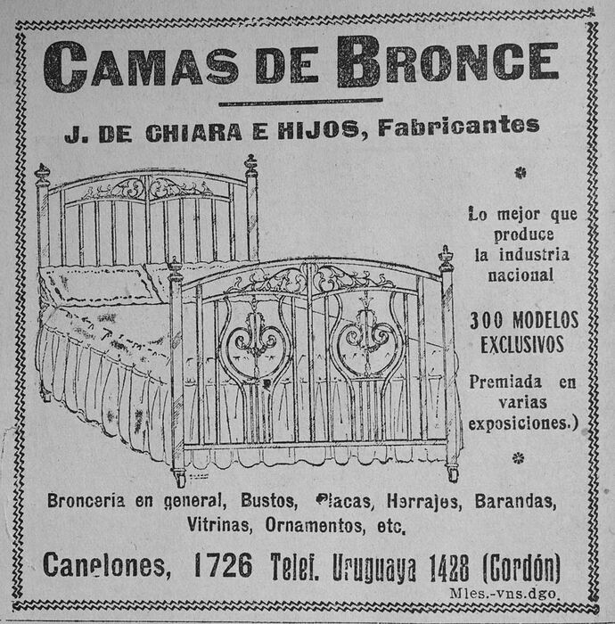 Aviso antiguo de camas de bronce de J. de Chiara, 1924 - Departamento de Montevideo - URUGUAY. Foto No. 81456