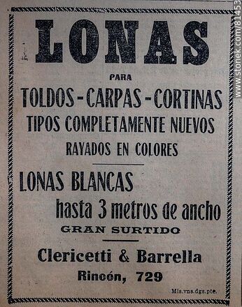 Aviso antiguo de Lonas para toldos, carpas y cortinas de Clericetti y Barrella, 1924 - Departamento de Montevideo - URUGUAY. Foto No. 81453