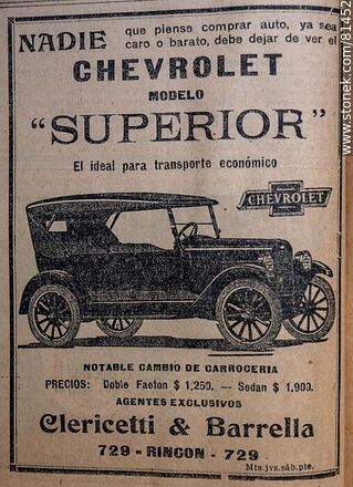 Aviso antiguo de auto Chevrolet Superopr, 1924 - Departamento de Montevideo - URUGUAY. Foto No. 81452