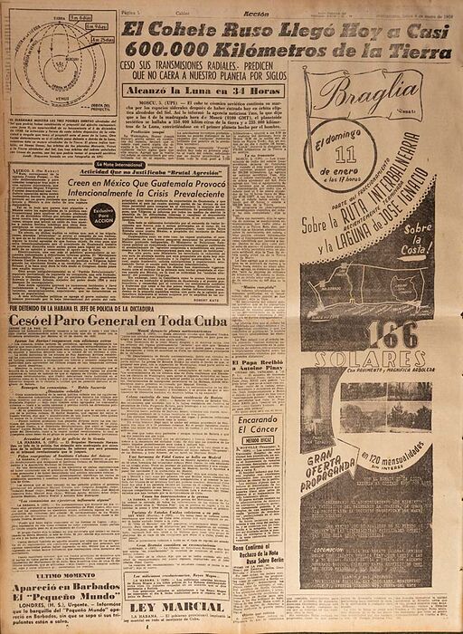 Recorte del diario Acción de 1959. Cohete ruso a 600 mil km de la Tierra - Departamento de Montevideo - URUGUAY. Foto No. 81450