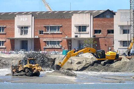 Machinery moving sand for backfilling of Pier C extension for UPM terminal, 2019. - Department of Montevideo - URUGUAY. Photo #81825