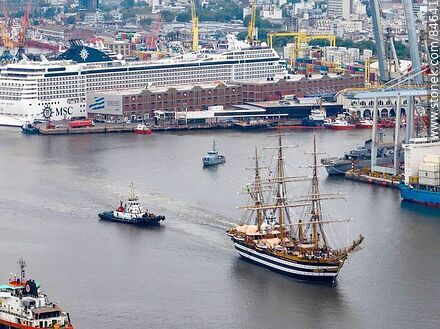 Aerial view of the training ship Amerigo Vespucci leaving port. In the background, the cruise ship MSC Poesía - Department of Montevideo - URUGUAY. Photo #84641
