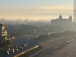 Vista aérea de la rambla República de México al amanecer con bruma y la silueta del hotel Carraasco - Foto #86869